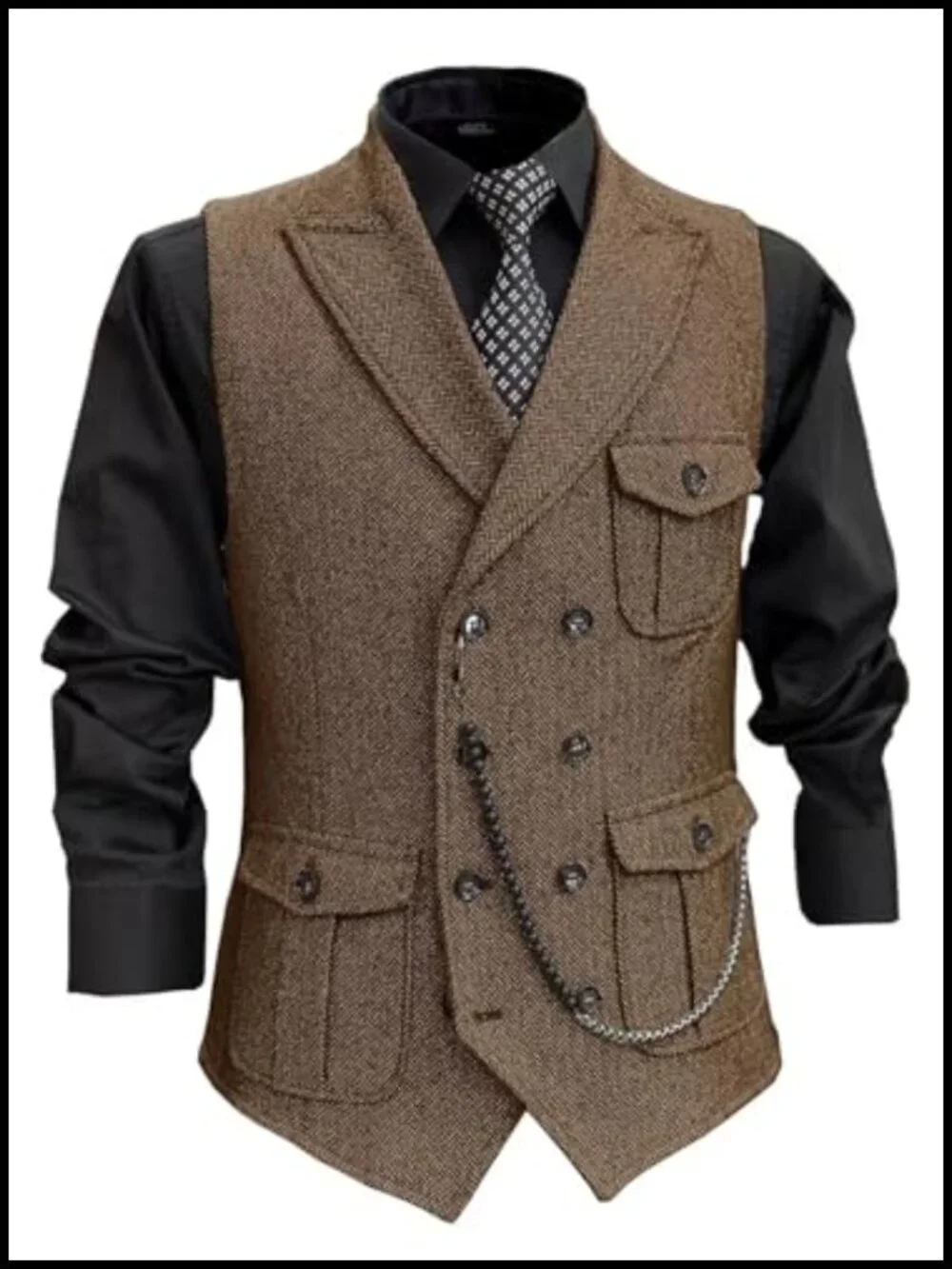 Double Breasted Herringbone Tweed Wool Men's Vest Waistcoat